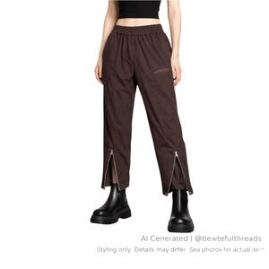 Sevin Kasran Architectural Zip Hem Cropped Utility Pants Brown Pull-On US 4-6 S